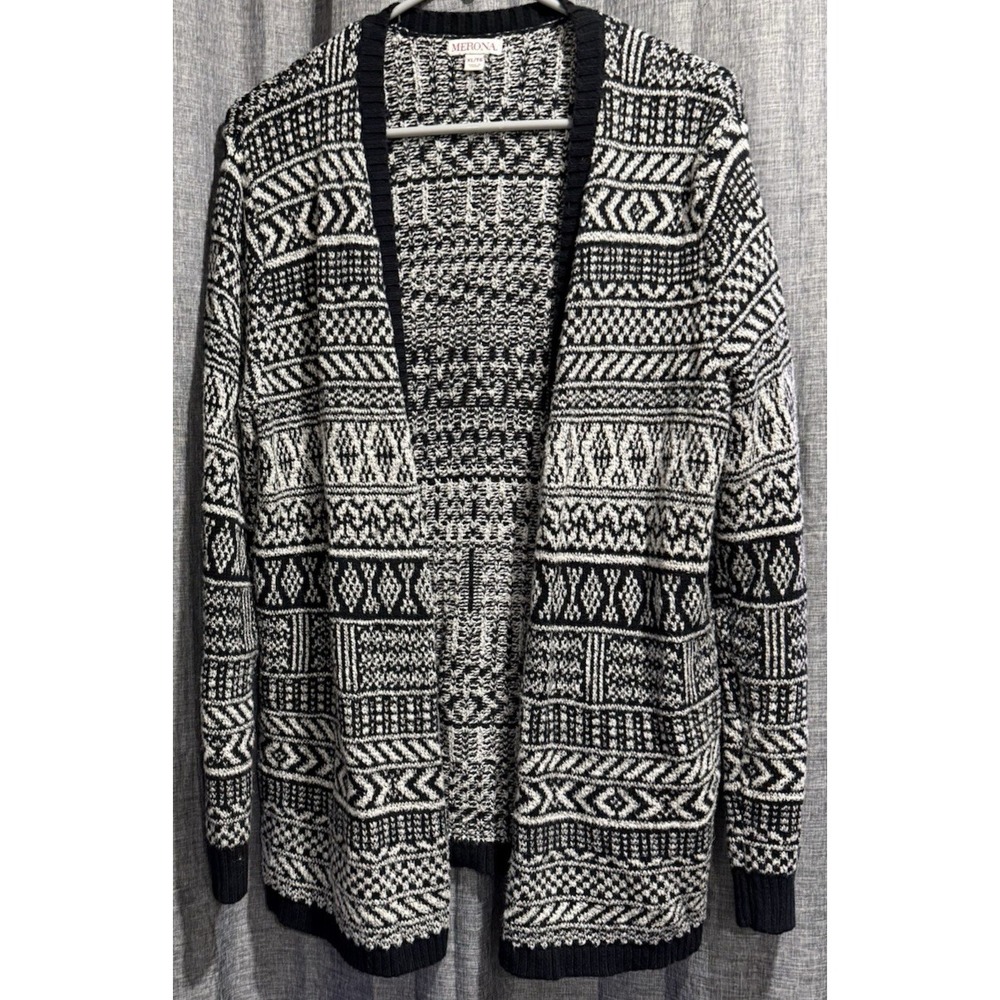 Merona Womens Cardigan‎ Sweater Size XL Open Front Knit Black and White